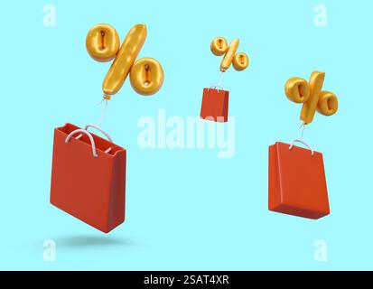 Le borse della spesa rosse sono legate a palloncini a forma di percentuale dorata. Concetto di sconto, vendita. Confezione 3D senza marchio, mockup. Oggetti in posizioni diverse. Le borse della spesa rosse sono legate a palloncini a forma di percentuale dorata Illustrazione Vettoriale