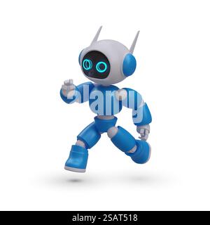 robot realistico 3d in esecuzione su sfondo bianco. Cordiale addetto alla manutenzione dei robot. Modello moderno di robot per negozio di elettronica. Illustrazione vettoriale di colore blu. robot realistico 3d in esecuzione su sfondo bianco Illustrazione Vettoriale