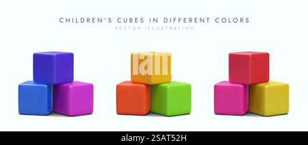 cubi 3d per bambini in diversi colori. Poster pubblicitario per il negozio di giocattoli. Mattoni per bambini. Illustrazione vettoriale nei colori rosso, blu e giallo. cubi 3d per bambini in diversi colori. Poster pubblicitario per il negozio di giocattoli Illustrazione Vettoriale