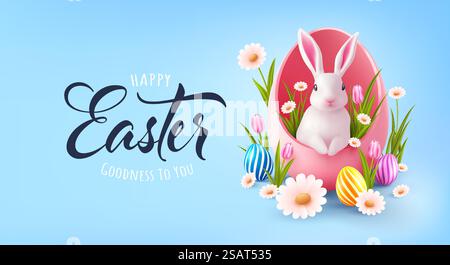 Poster di Pasqua e modello per striscioni con un coniglio bianco all'interno di un uovo rosa, uova colorate, tulipani, margherite e fiori primaverili su sfondo blu per il giorno di Pasqua. Promozione e modello di shopping per Pasqua Illustrazione Vettoriale