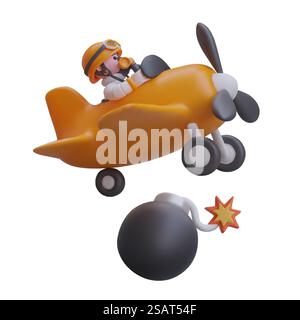 Concetto di gioco per bombardamenti aerei. Divertente aereo d'epoca con pilota che lancia una bomba nera. Attacco aereo. Oggetti vettoriali isolati su sfondo bianco. Battaglia di gioco. Concetto di gioco per bombardamenti aerei. Divertente aereo d'epoca con pilota che lancia una bomba nera Illustrazione Vettoriale