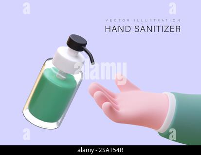 mani e igienizzatore 3d. Protezione da virus e batteri, disinfettante per le mani. Agente antibatterico portatile. Disinfettante alcolico liquido per la prevenzione di malattie pandemiche ed epidemiche. Vettore. mani e igienizzatore 3d. Protezione da virus e batteri, disinfettante per le mani Illustrazione Vettoriale