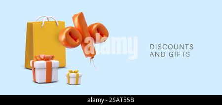 Sconti e regali. Borse della spesa, scatole regalo, palloncini natalizi sotto forma di percentuale. Disposizione orizzontale dell'annuncio di promozione. Illustrazione in stile cartone animato. Sconti e regali. Borse della spesa, scatole regalo, palloncini natalizi sotto forma di percentuale Illustrazione Vettoriale