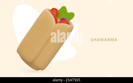 Shawarma 3D su sfondo colorato. Pita vegetariana con ripieno di verdure. Burrito caldo. Fast food da asporto. Cibo in porzioni. Menu Doner House. Modello vettoriale. Shawarma 3D su sfondo colorato. Pita vegetariana con ripieno di verdure Illustrazione Vettoriale