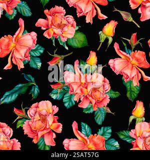 Motivo senza cuciture con illustrazioni ad acquerello di rose rosse, gemme e foglie su sfondo nero. Illustrazione disegnata a mano per San Valentino Foto Stock