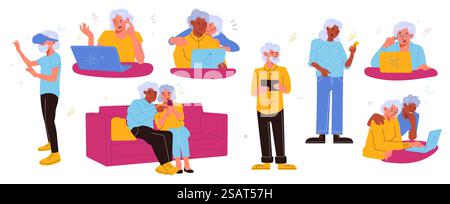 Gadget moderni per anziani. Personaggi anziani felici con dispositivi diversi, tecnologie di masterizzazione di vecchia generazione, nonni hanno smartphone, laptop e occhiali virtuali, set di cartoni animati vettoriali. Gadget moderni per anziani. Personaggi anziani felici con dispositivi diversi, tecnologie di masterizzazione di vecchia generazione, nonni con smartphone, laptop e set vettoriale di occhiali virtuali Illustrazione Vettoriale
