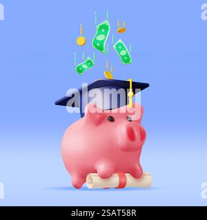 Piggy Bank 3D con cappello per laureati, rotolo per diplomi e monete d'oro. Rendete il concetto di risparmio per l'istruzione. Risparmi e investimenti. Conoscenza accademica e scolastica. Illustrazione vettoriale realistica. Piggy Bank 3D con cappello di graduazione, diploma, monete Illustrazione Vettoriale