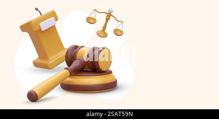 Martelletto di valutazione 3D, tribuno con microfono, bilancia. Discorso in tribunale. Legge e giustizia. Composizione vettoriale in stile cartone animato. Modello a colori con spazio per testo pubblicitario. Martelletto di valutazione 3D, tribuno con microfono, bilancia. Discorso in tribunale. Legge e giustizia Illustrazione Vettoriale