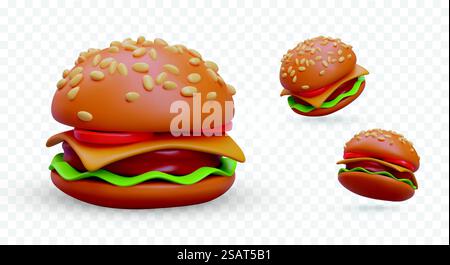 Set di hamburger a strati realistici in diverse posizioni. Panino rotondo cosparso di semi di sesamo. Carne, verdure, ripieno di formaggio. Classico fast food caldo. Icone vettoriali per siti e giochi. Set di hamburger a strati realistici in diverse posizioni. Panino rotondo cosparso di semi di sesamo Illustrazione Vettoriale