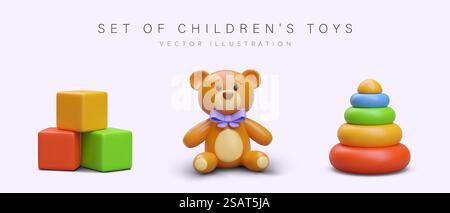 Orsacchiotto realistico con fiocco viola, cubi colorati per bambini e piramide giocattolo. Set di giocattoli diversi per bambini. oggetto 3d per campagna pubblicitaria. Illustrazione vettoriale. Orsacchiotto realistico con fiocco viola, cubi colorati per bambini e piramide giocattolo Illustrazione Vettoriale