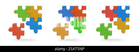 Set di puzzle colorati su sfondo bianco. Illustrazioni realistiche isolate. Simbolo della soluzione. Compito difficile, indovinello. Giochi logici. Lavoro di squadra. Set di puzzle colorati su sfondo bianco. Illustrazioni realistiche isolate Illustrazione Vettoriale