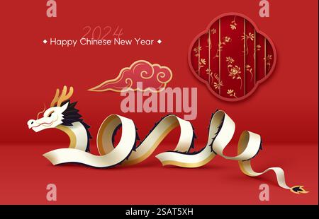 Elementi CNY in stile cartaceo isolati su sfondo rosso. 2024 drago del nastro e decorazioni natalizie.. Set di elementi CNY in stile cartaceo Illustrazione Vettoriale