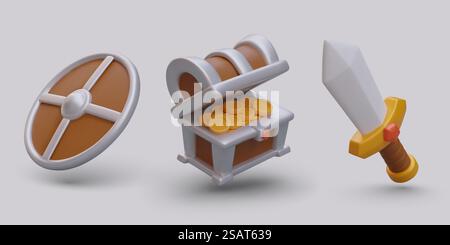 Composizione dello scudo 3d, cassa del tesoro aperta con collezione di monete d'oro e vecchia spada d'oro. Poster con elementi per videogame per computer in stile 3D. Illustrazione vettoriale. Composizione dello scudo 3d, cassa del tesoro aperta con collezione di monete d'oro e vecchia spada d'oro Illustrazione Vettoriale