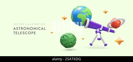 Telescopio astronomico su treppiede, Terra, pianeti, stelle. Concetto vettoriale per planetario, osservatorio, corsi di astronomia, negozio di accessori per l'osservazione delle stelle. Telescopio astronomico su treppiede, Terra, pianeti, stelle Illustrazione Vettoriale