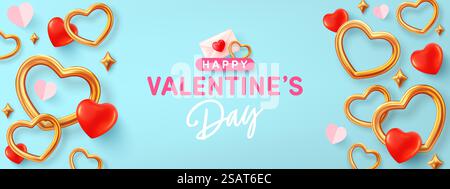 Modello per banner San Valentino con forma a cuore dorato su sfondo blu. Vettore del poster o del banner di San Valentino. Saluti e regali per amore o per San Valentino. Illustrazione Vettoriale