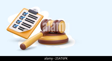 Appunti 3D con elenco allegato, martelletto giudicante. Lista di prove, documenti, fatti. Protocollo di implementazione delle procedure. Carta con segno di spunta. Rispetto delle disposizioni di legge. Layout dei colori. Appunti 3D con elenco allegato, martelletto giudicante. Lista di prove, documenti, fatti Illustrazione Vettoriale