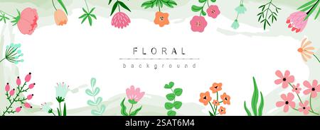 Banner Web orizzontale floreale. Estate astratta fioritura di fiori selvatici e fiori, ramoscelli con bordi di foglie su sfondo bianco. Illustrazione vettoriale per il sito Web di intestazione, modelli di copertina in design moderno Illustrazione Vettoriale