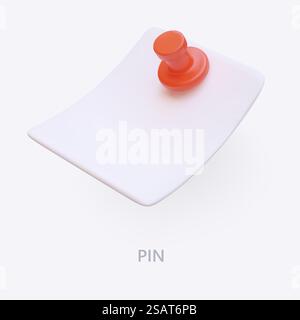 Pezzo di carta fissato con una spina rossa. Modello adesivo promemoria. Nota pronta per il messaggio. Vuoto per testo. Concetto pubblicitario, web design con illustrazione realistica. Pezzo di carta fissato con una spina rossa. Modello adesivo promemoria Illustrazione Vettoriale