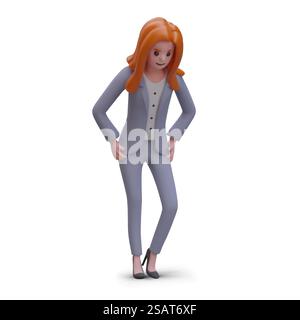 Giovane donna realistica in abiti da ufficio. modello 3d di donna d'affari su sfondo bianco. Illustrazione vettoriale in stile cartone animato nei colori arancione e grigio. Giovane donna realistica in abiti da ufficio. modello 3d di donna d'affari su sfondo bianco Illustrazione Vettoriale