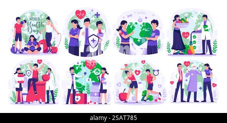 Enorme serie di illustrazione di concetto giornata Mondiale della salute con gruppo di medici e infermieri del personale, persone che vivono attività sana, persona jogging, ciclismo, yoga. illustrazione vettoriale Illustrazione Vettoriale