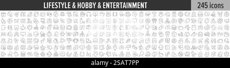 Collezione di icone lineari Lifestyle, Hobby e Entertainment. Grande set di 245 icone Lifestyle, Hobby e Entertainment. Raccolta di icone con linee sottili. Illustrazione vettoriale Illustrazione Vettoriale