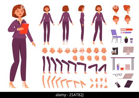 Kit da uomo d'affari per cartoni animati. Personaggio femminile, severo abito da ufficio, parti del corpo separate in posizioni diverse, emozioni varie, costruttore di pose, oggetti interni di ufficio e set di strumenti isolati dal vettore. Kit da uomo d'affari per cartoni animati. Personaggio femminile, severo abito da ufficio, parti del corpo separate in posizioni diverse, emozioni varie, costruttrice di pose, oggetti interni per ufficio e set di strumenti vettoriali Illustrazione Vettoriale