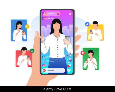 Vendere beni su schermo mobile utilizzando il social media commerce. Le persone fanno acquisti con i loro smartphone utilizzando il social commerce. Illustrazione vettoriale. Illustrazione Vettoriale