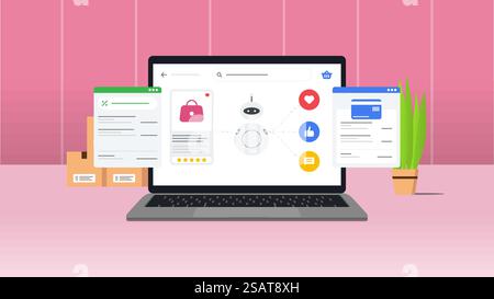Concetto di marketing e-commerce con intelligenza artificiale. Illustrazione vettoriale con sfondo rosa o rosso Illustrazione Vettoriale