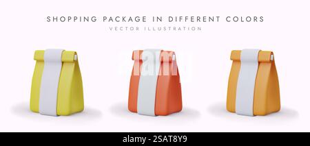 Poster con pacchetto acquisti in diversi colori. Concetto di shopping bag in carta per diversi prodotti. Concetto di vendita. Illustrazione vettoriale nei colori giallo, arancione e rosso. Pacchetto acquisti in diversi colori. Concetto di shopping bag in carta per diversi prodotti Illustrazione Vettoriale
