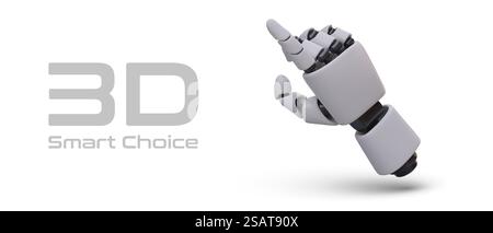 Scelta intelligente. La mano robotica 3D punta all'iscrizione. Poster pubblicitario su sfondo bianco. Tecnologie innovative. Passaggio a un nuovo livello. Aiuto, aiuto dei droidi. Scelta intelligente. La mano robotica 3D punta all'iscrizione. Poster pubblicitario su sfondo bianco Illustrazione Vettoriale