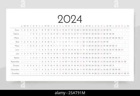 Calendario spagnolo 2024. Griglia di pianificazione lineare per anno. Modello calendario annuale. La settimana inizia lunedì. Illustrazione Vettoriale