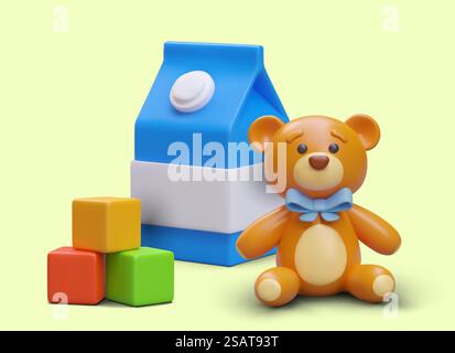 Cibo e giocattoli per bambini. orsacchiotto realistico in 3d, cubetti e confezione con latte per bambini. Poster con prodotti per bambini. Illustrazione vettoriale colorata in stile 3D. Cibo e giocattoli per bambini. orsacchiotto realistico in 3d, cubetti e confezione con latte per bambini Illustrazione Vettoriale