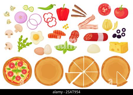 Ingredienti per pizza a base di cartoni animati. Fast food della cucina italiana, tempo di cottura, peperoni e carne, verdure fresche, formaggio e verdure, pezzi e interi, elementi e base, set di vettori recenti per costruttori di fastfood. Ingredienti per pizza a base di cartoni animati. Fast food della cucina italiana, tempo di cottura, peperoni e carne, verdure fresche, formaggio e verdure, pezzi e set vettoriale recente per il costruttore di fast food Illustrazione Vettoriale