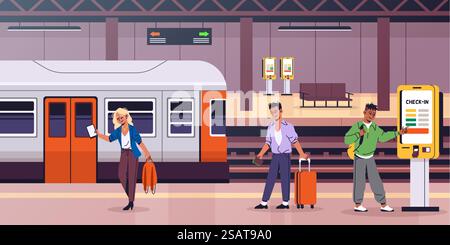 La gente paga la stazione. Acquisto di biglietti senza contatto, stazione di auto-ordinazione di metropolitana o treni, punti di pagamento elettronici pubblici, sportello bancomat self-service, utilizzando il concetto di piano cartoni animati vettoriali touch screen. La gente paga la stazione. Acquisto di biglietti senza contatto, stazione di auto-ordinazione di metropolitana o treni, punti di pagamento elettronici pubblici, sportello bancomat self-service, utilizzando il concetto di vettore Tidy touchscreen Illustrazione Vettoriale
