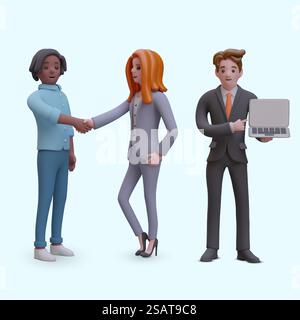 Il ragazzo nero e la donna d'affari stringono la mano, l'uomo in costume mostra un notebook con schermo vuoto. Personaggi commerciali in pose diverse, mockup dei servizi online. Composizione vettoriale. Il ragazzo nero e la donna d'affari stringono la mano, l'uomo in costume mostra un notebook con schermo vuoto Illustrazione Vettoriale