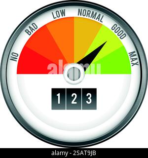 Indicatore di punteggio. Elemento del pannello di controllo. Misuratore rotondo isolato su sfondo bianco. Indicatore di punteggio. Elemento del pannello di controllo. Calibro rotondo Illustrazione Vettoriale