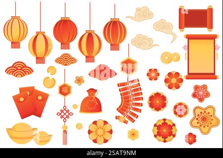 Mega set di simboli cinesi dal design piatto. Impacchettare elementi di lanterne rosse e dorate, nuvole e onde, monete, manoscritti, biscotti, buste e fiori. Oggetti grafici isolati nell'illustrazione vettoriale Illustrazione Vettoriale