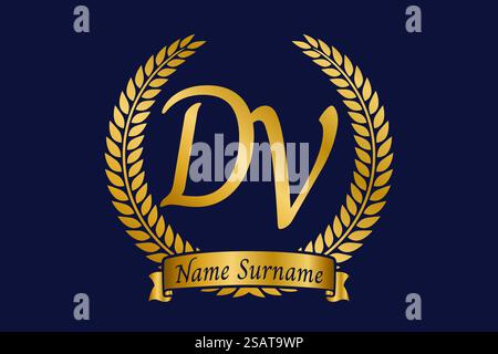 Lettera iniziale D e V, logo monogramma DV con corona in alloro. Emblema dorato di lusso con carattere calligrafico. Illustrazione Vettoriale