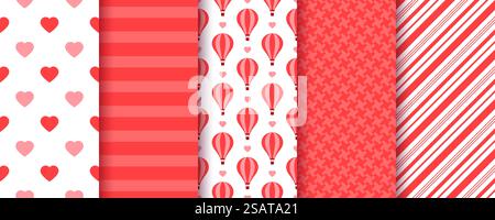 Sfondo di San Valentino. Motivo senza cuciture. Crea texture rosse con cuori, strisce, palloncino ad aria calda. Illustrazione Vettoriale