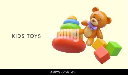 Concetto di giocattoli per bambini. Oggetti mobili vettoriali. Orso 3D colorato, piramide, cubi. È ora di giocare. Simpatico banner per il negozio di giocattoli per bambini. Pubblicità del baby center. Concetto di giocattoli per bambini. Oggetti mobili vettoriali. Orso 3D colorato, piramide, cubi Illustrazione Vettoriale