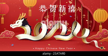 Nastro da 2024 drago su sfondo rosso con decorazioni natalizie CNY. Traduzione di testo: Felice anno nuovo.. Striscione CNY in stile artistico cartaceo creativo Illustrazione Vettoriale