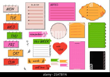 Set di adesivi di pianificazione mega con design piatto. Raggruppamento di elementi di tag settimanali dell'organizzatore, elenchi di attività, modelli di note, bacheche per appunti, frammenti di carta e promemoria. Oggetti grafici isolati nell'illustrazione vettoriale Illustrazione Vettoriale