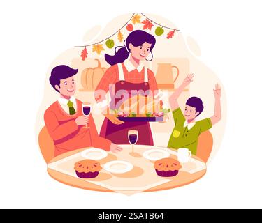 Buon giorno del Ringraziamento con il padre, la madre e il figlio della famiglia che cenano insieme intorno al tavolo con un tacchino arrosto e cibo Illustrazione Vettoriale