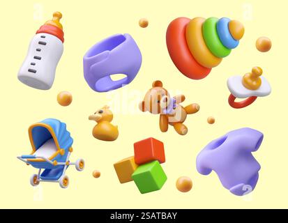 Collezione con diversi giocattoli e vestiti per bambini. orsacchiotto 3d, piramide educativa, abiti e prodotti per la cura dei bambini. Illustrazione vettoriale in stile 3D. Collezione con diversi giocattoli e vestiti per bambini Illustrazione Vettoriale