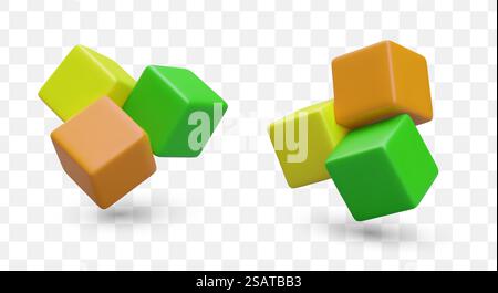 Set di cubi colorati in diverse posizioni. Diversi modelli di giocattoli per bambini. il concetto di giocattoli realistici in 3d. Illustrazione vettoriale nei colori verde e giallo. Set di cubi colorati in diverse posizioni. Diversi modelli di giocattoli per bambini Illustrazione Vettoriale
