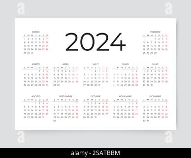 Calendario spagnolo 2024. Modelli di calandre per la Spagna. La settimana inizia lunedì. Organizzatore con 12 mesi. Calendario spagnolo per 2024 anni. Modello di griglia con 12 mesi. Illustrazione vettoriale. Illustrazione Vettoriale