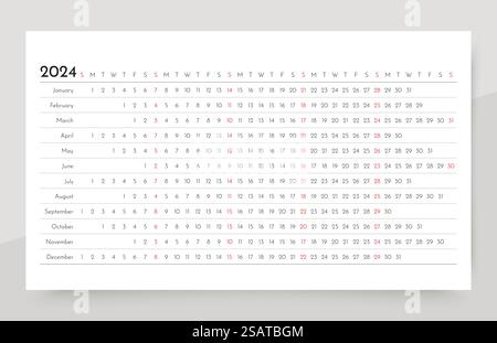 Griglia di calendario lineare 2024. Modello di pianificazione orizzontale. Calendario lungo annuale. La settimana inizia domenica. Illustrazione Vettoriale