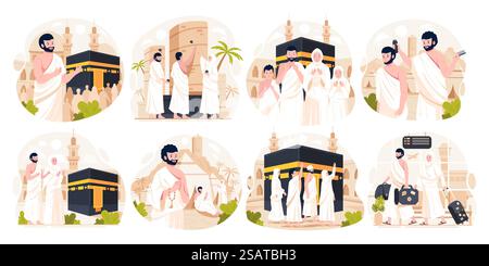 Serie di illustrazioni del pellegrinaggio islamico Hajj. Il popolo musulmano esegue il pellegrinaggio islamico Hajj. I personaggi Hajj di uomo e donna indossano abiti ihram con sfondo Kaaba. Illustrazione vettoriale Illustrazione Vettoriale