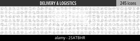 Raccolta di icone lineari Delivery and Logistics. Grande set di 245 icone di consegna e logistica. Raccolta di icone con linee sottili. Illustrazione vettoriale Illustrazione Vettoriale