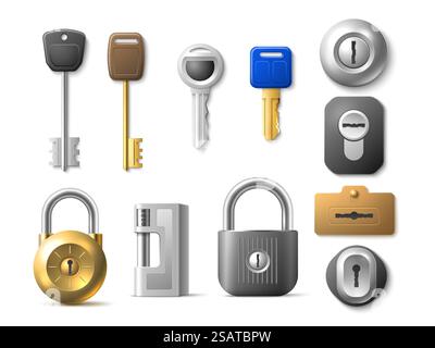 Chiavi moderne realistiche. Serrature e lucchetti diversi, fori per serratura, serratura a combinazione, vari metalli, acciaio, elementi 3d in oro e bronzo per sicurezza, protezione o privacy di auto e abitazioni. Chiavi moderne realistiche. Serrature e lucchetti diversi, fori per serratura, serratura a combinazione, vari metalli, acciaio, golden e bronze, elementi 3d per la sicurezza di auto e abitazioni, set vettoriale privacy Illustrazione Vettoriale
